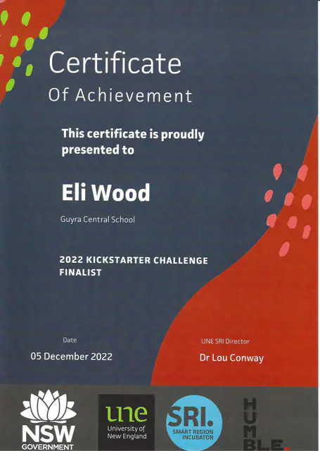 2022 Kickstarter Challenge Finalist — scanned certificate