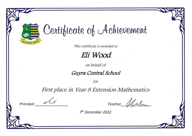 Year 8 Extension Mathematics, first place — scanned certificate