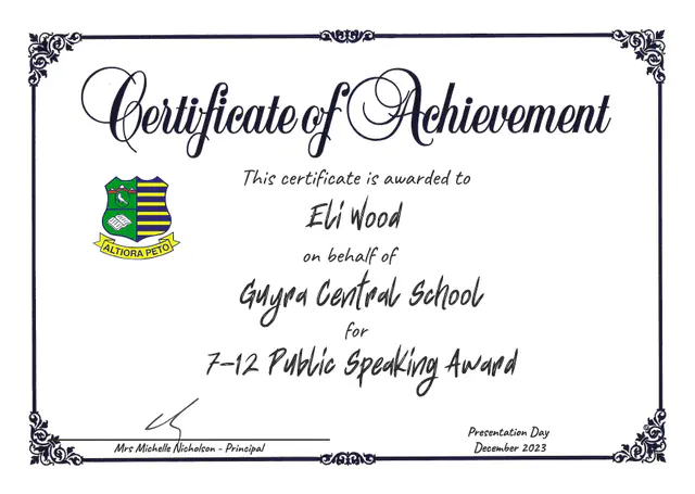 School 7–12 Public Speaking Award, 2023 — scanned certificate