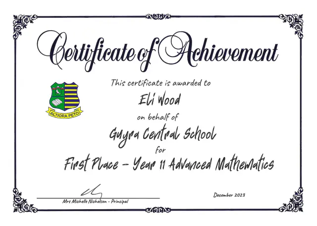 Year 11 Advanced Mathematics, first place — scanned certificate