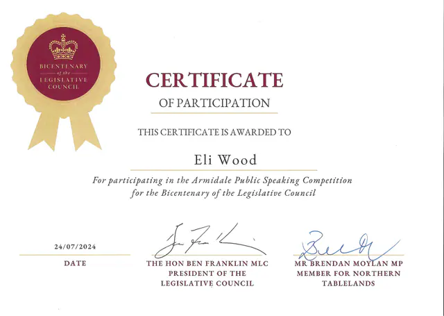 Armidale Public Speaking Competition — scanned certificate