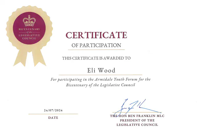 Armidale Youth Forum certificate — scanned certificate
