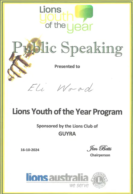 Lions Youth of the Year, Public Speaking — scanned certificate