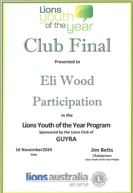 Lions Youth of the Year, Club Final — scanned certificate