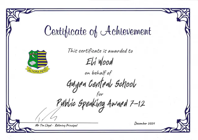 School 7–12 Public Speaking Award, 2024 — scanned certificate