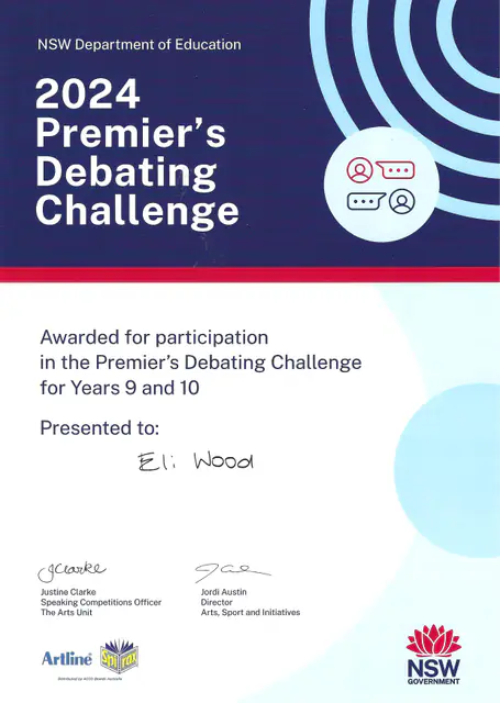 2024 Premier's Debating Challenge — scanned certificate