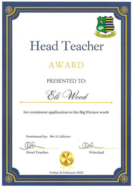 Head Teacher Award, consistent application to Big Picture work — scanned certificate