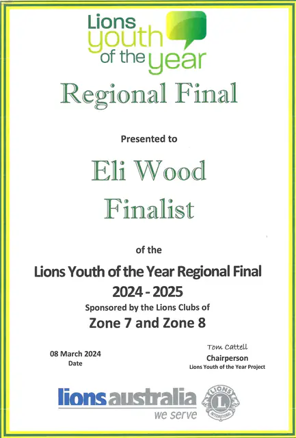 Lions Youth of the Year, Regional Final Finalist — scanned certificate