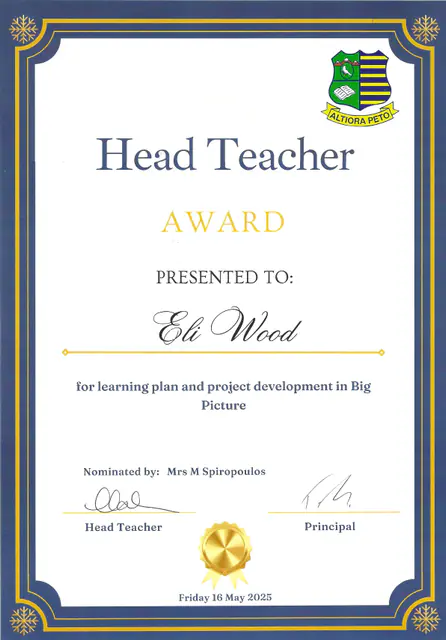 Head Teacher Award, learning plan and project development — scanned certificate