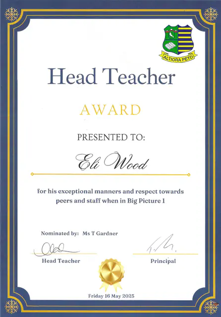Head Teacher Award, manners and respect in Big Picture 1 — scanned certificate