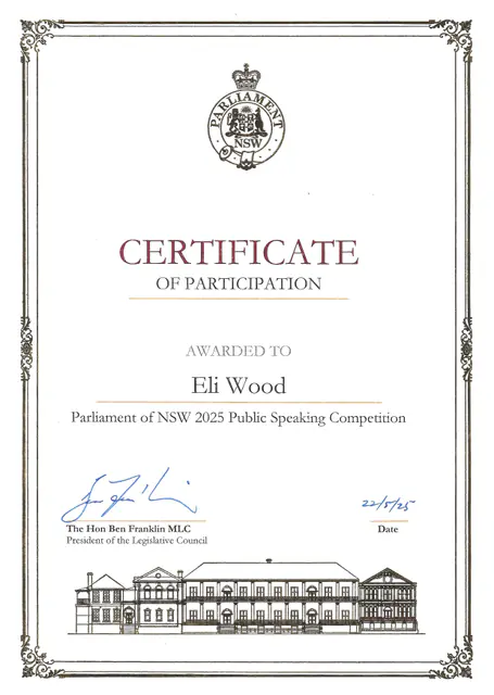 Parliament of NSW 2025 Public Speaking Competition — scanned certificate