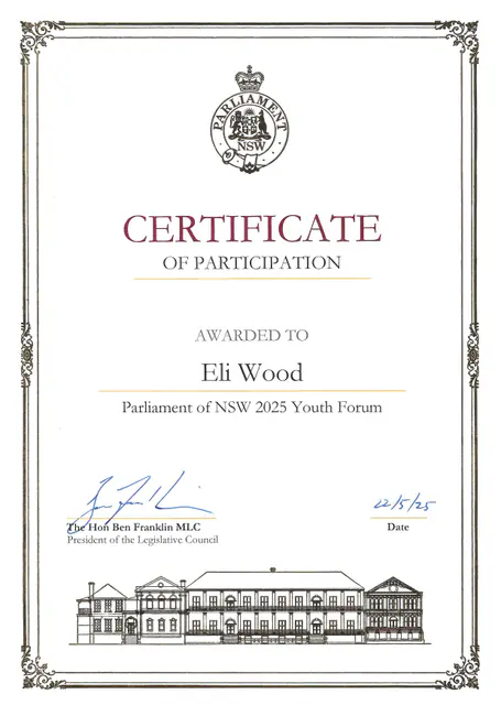 Parliament of NSW 2025 Youth Forum certificate — scanned certificate