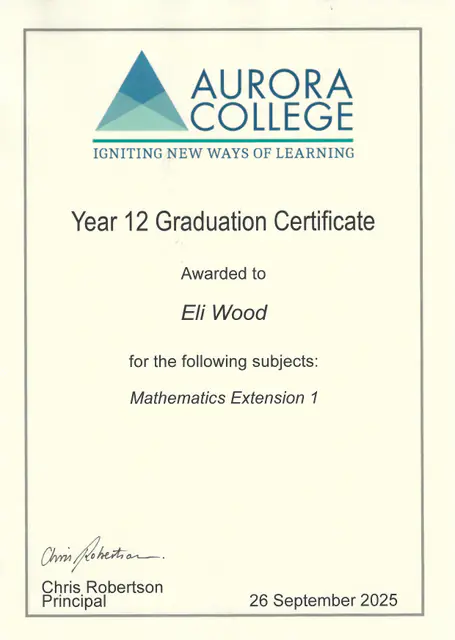 Aurora College Year 12 Graduation Certificate — scanned certificate