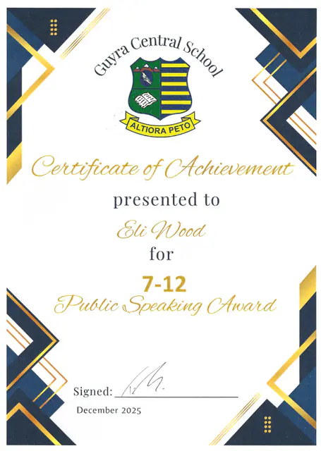 School 7–12 Public Speaking Award, 2025 — scanned certificate