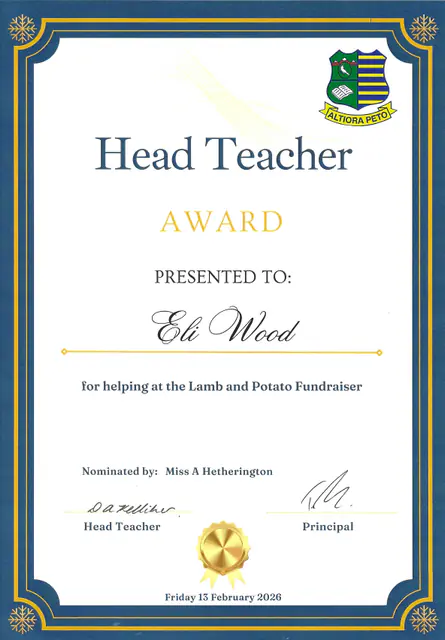 Head Teacher Award, Lamb and Potato Fundraiser — scanned certificate