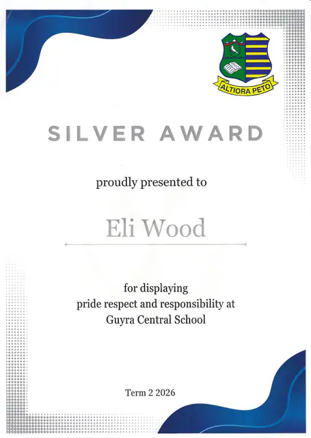 Silver Award, pride, respect and responsibility, Term 2 2026 — scanned certificate