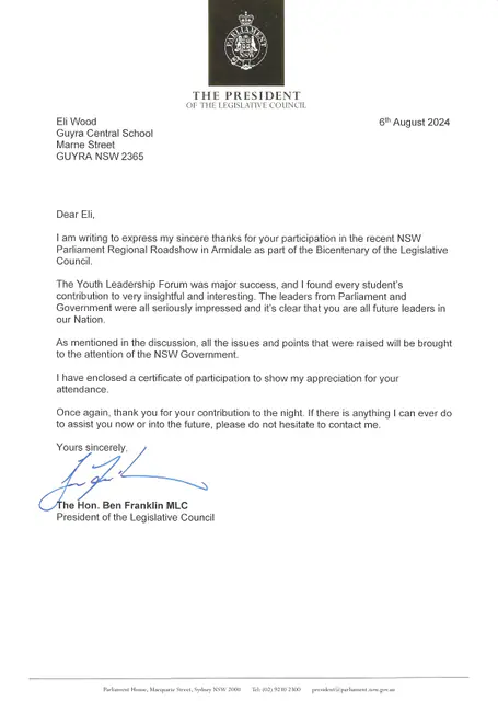 President of the Legislative Council, 6 August 2024 — scanned letter