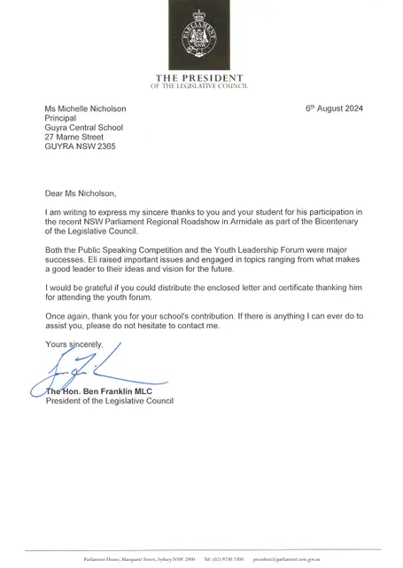 President of the Legislative Council, 6 August 2024 — scanned letter