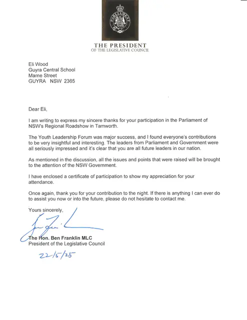 President of the Legislative Council, 22 May 2025 — scanned letter