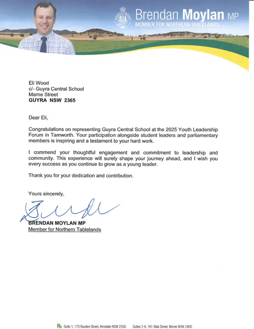 Member for Northern Tablelands, 2025 — scanned letter