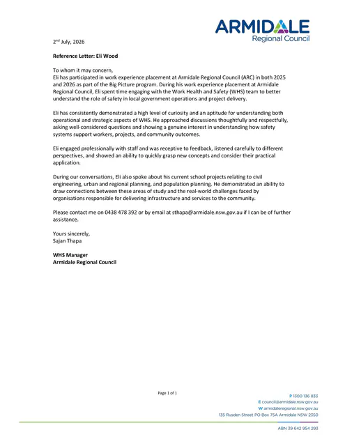 WHS Manager, Armidale Regional Council, 2 July 2026 — scanned letter