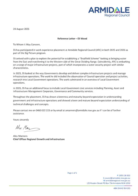 Chief Officer Regional Growth and Infrastructure, Armidale Regional Council, 24 August 2026 — scanned letter